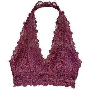 Mauve halter lace scalloped bralette. Burgundy purple removable padding.
